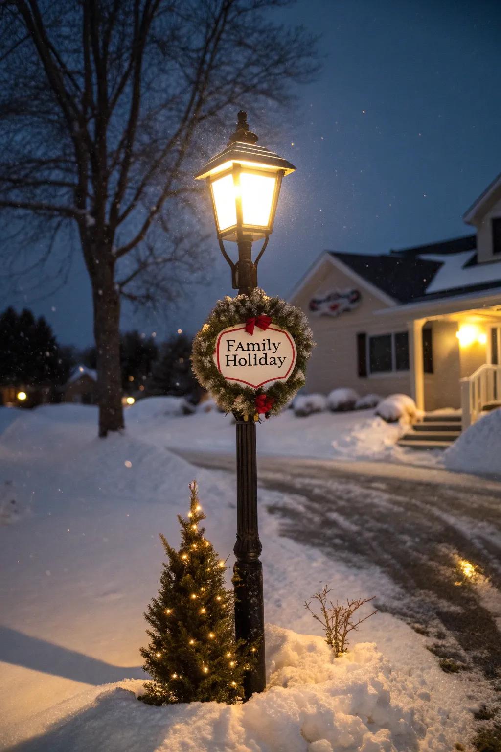 A personalized family sign spreads festive cheer on a lamp post.