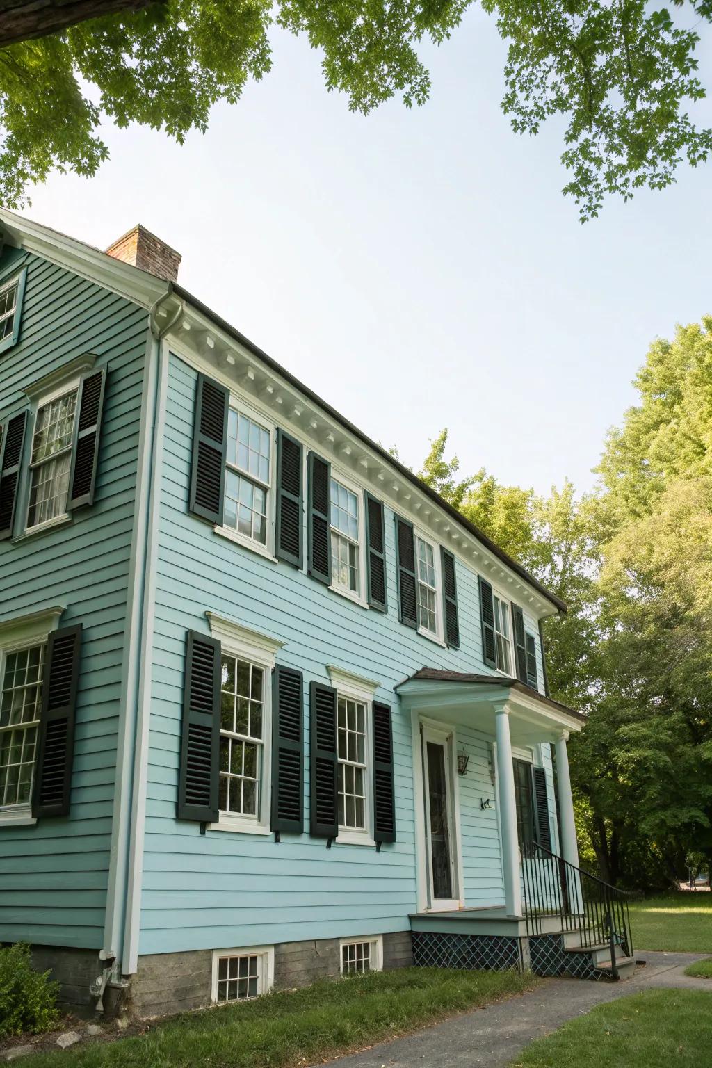 An elegantly understated colonial home with soft azure cladding and ebony panels.