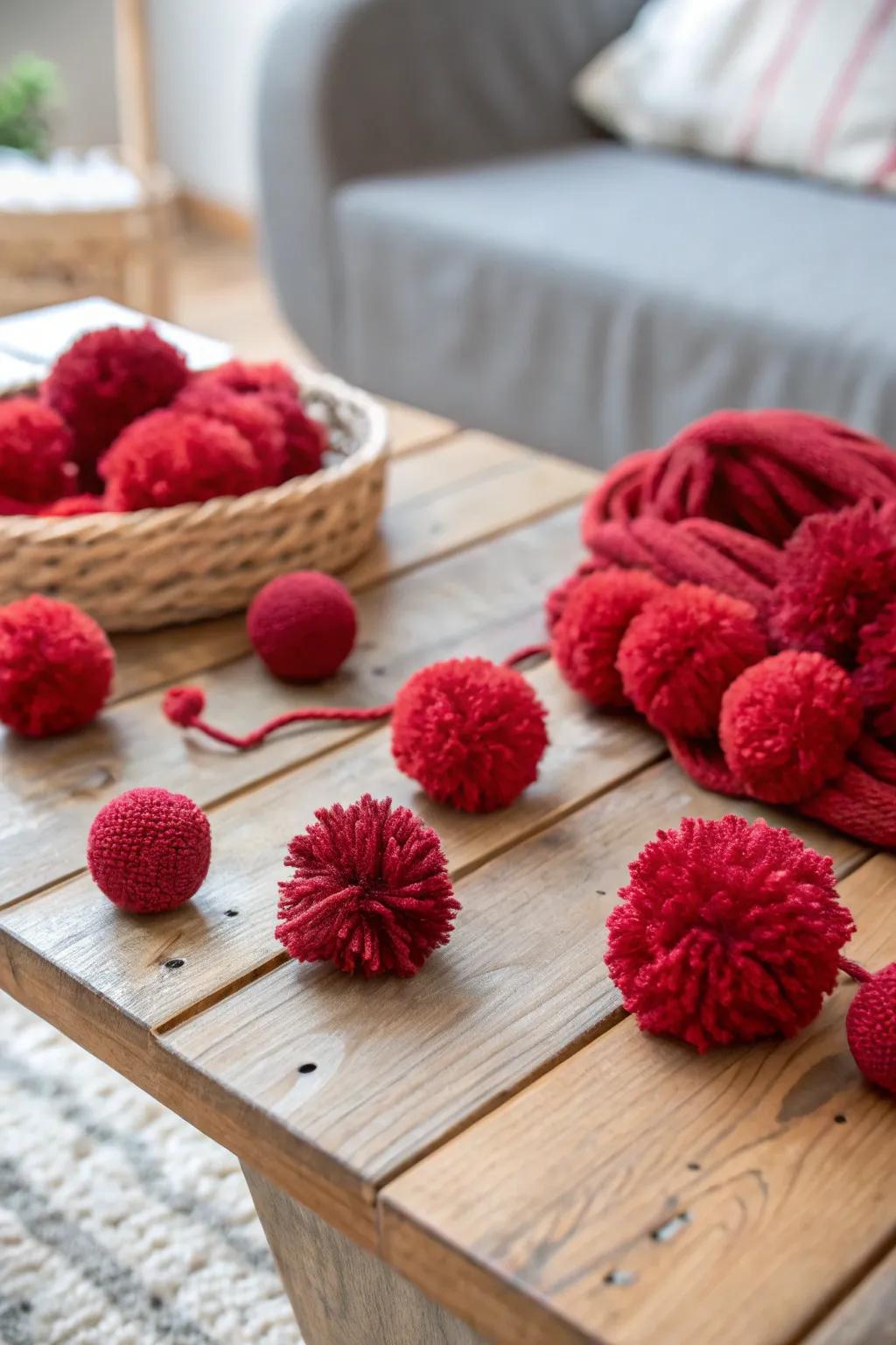 Charming scarlet fiber spheres bringing a playful element to the decor.