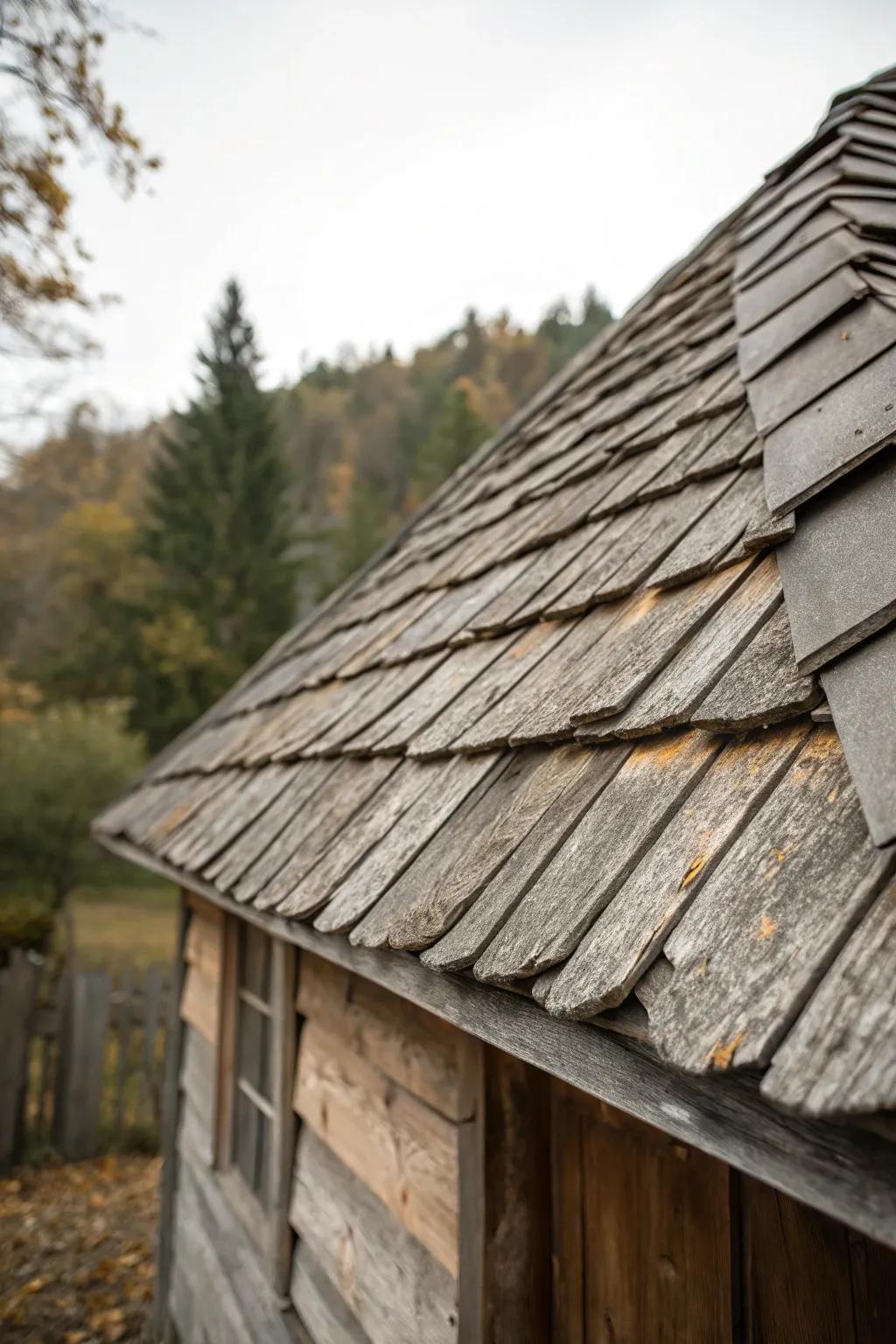 Weathered timber shingles impart rustic allure to a cottage roof.