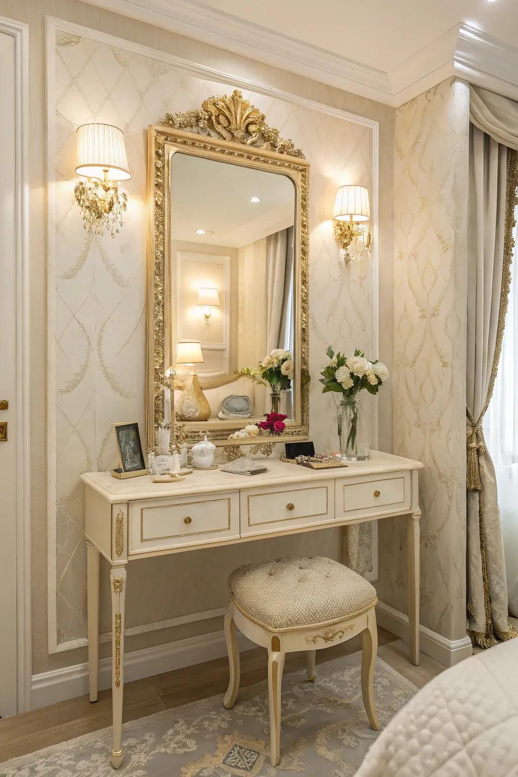 A chic vanity space adds a blend of functionality and style.