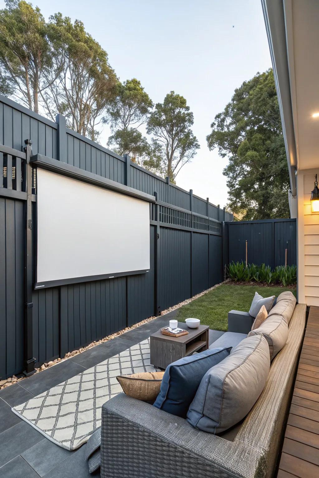 An outdoor entertainment zone with a dark grey fence and a projector screen for movie nights.