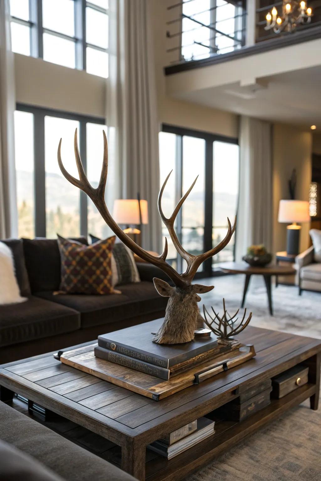 Deer antlers displayed on a coffee table add interest to a chic living room setting.