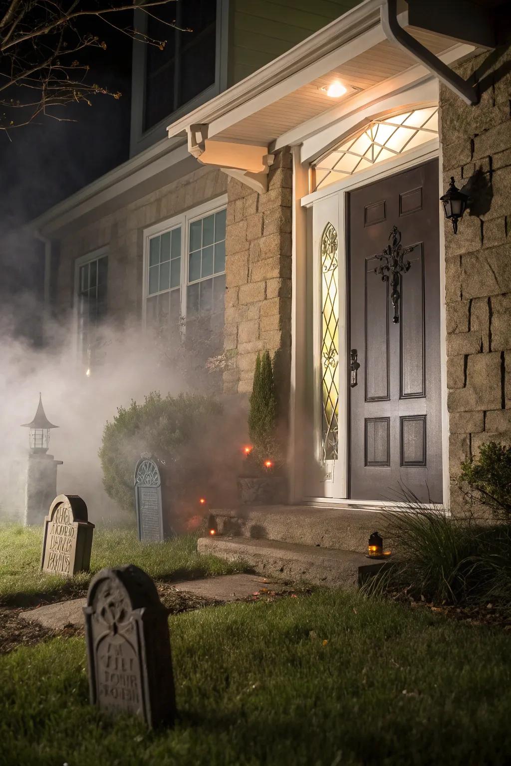 A foggy graveyard scene sets the Halloween mood.