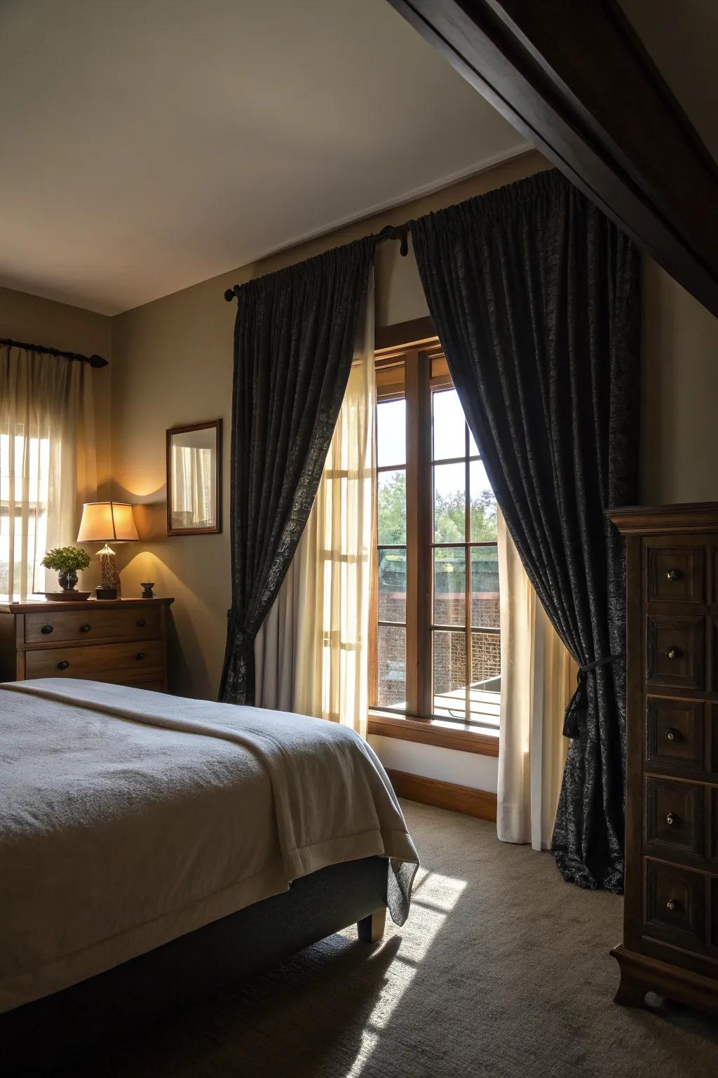 Heavy curtains enhance coziness and add dramatic flair.