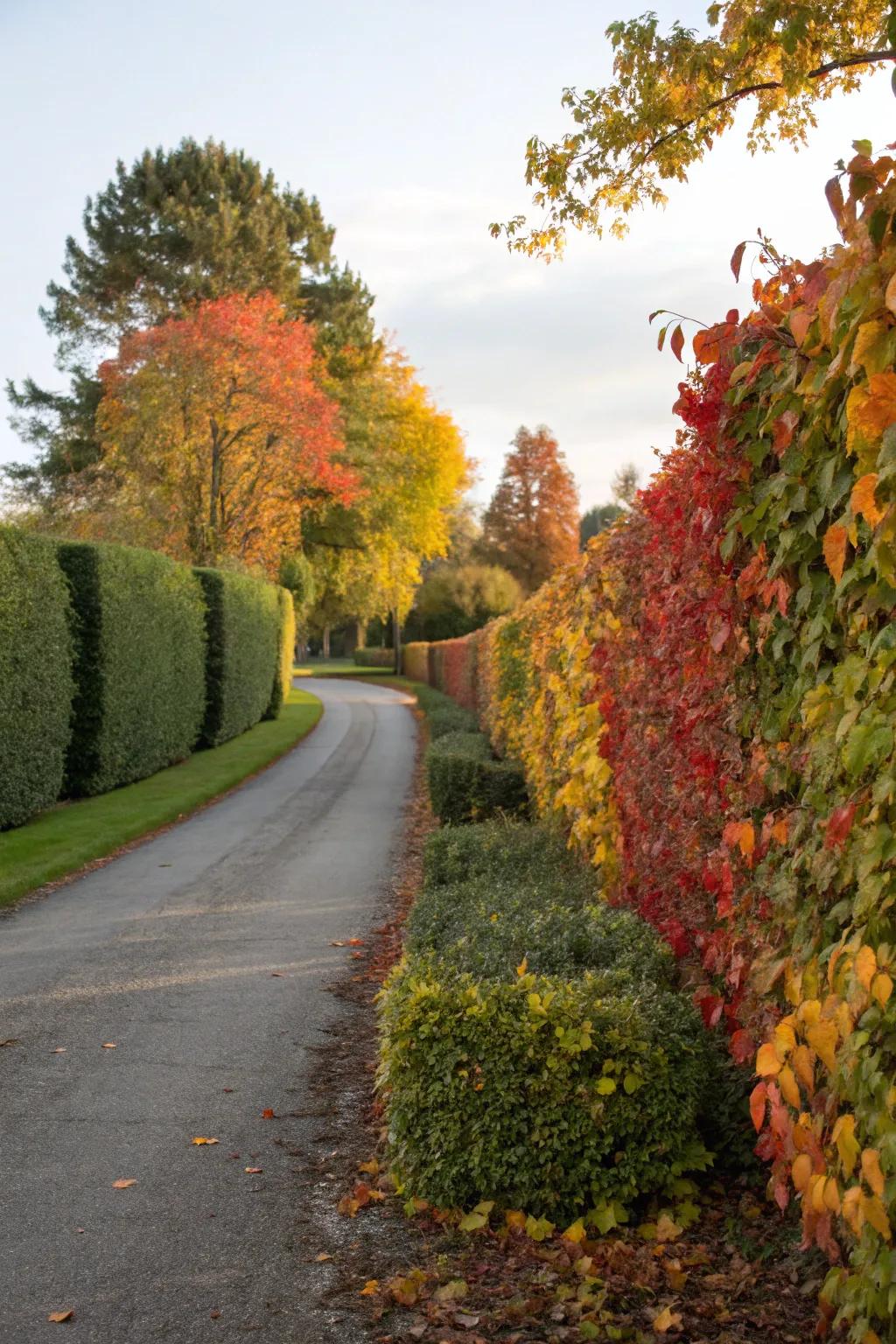 Colorful foliage hedges adding vibrancy and beauty to a driveway.