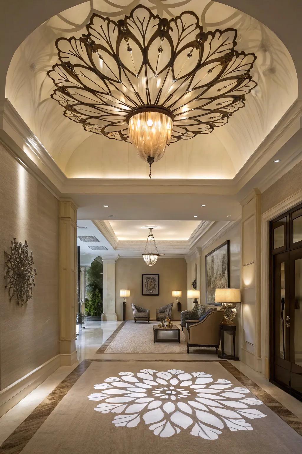 A sculptural ceiling fixture creates a dramatic effect in this foyer.