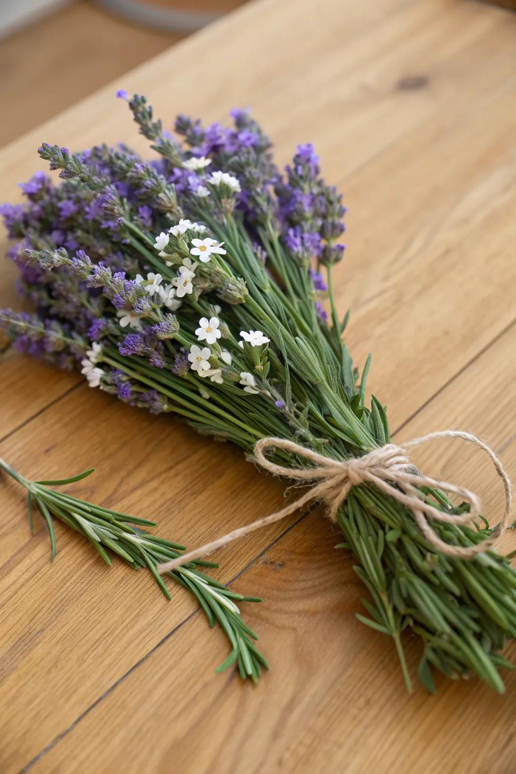 A fragrant herb bouquet with lavender and rosemary.