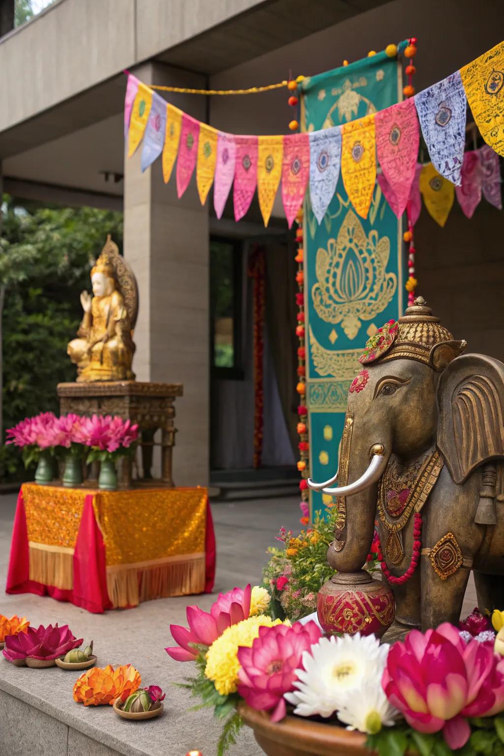 Traditional motifs like elephants and lotus flowers enriching the cultural vibe of the festival decor.