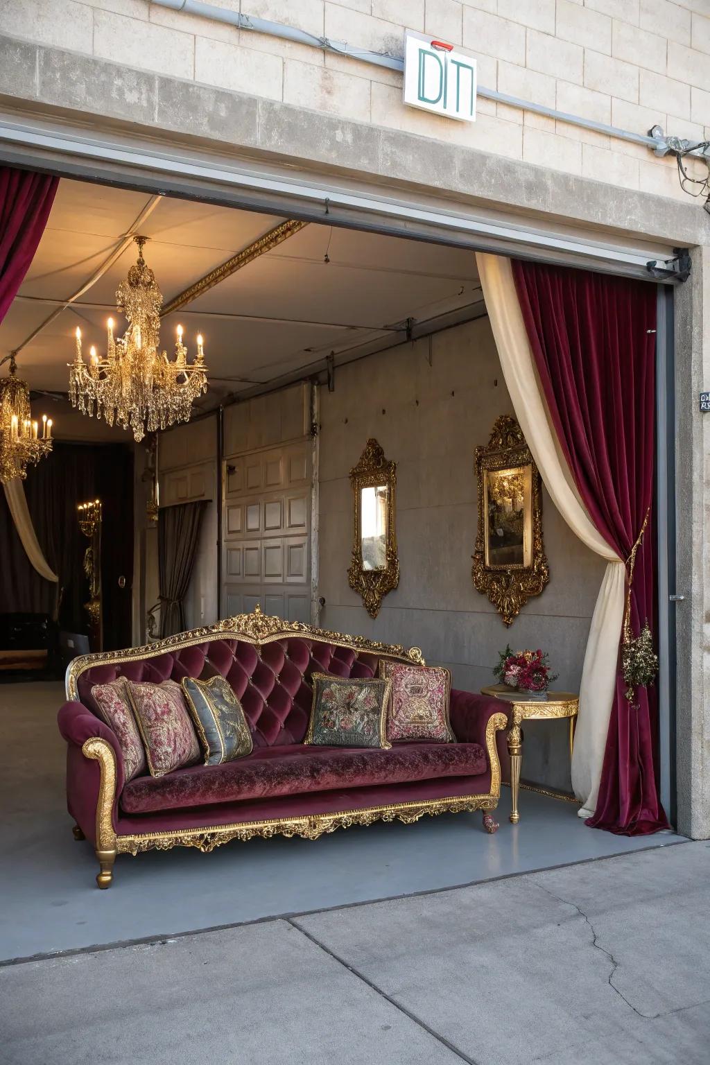 A luxurious velvet sofa adds opulence and glamour to your garage.