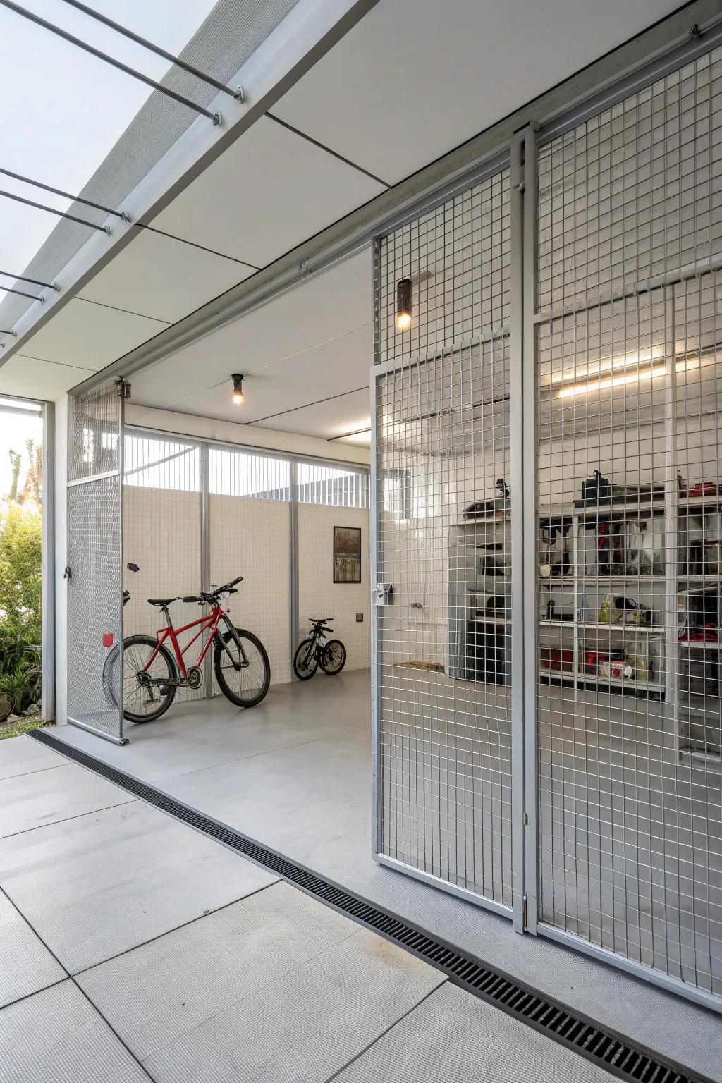 Wire mesh partitions provide a minimalist and airy look.