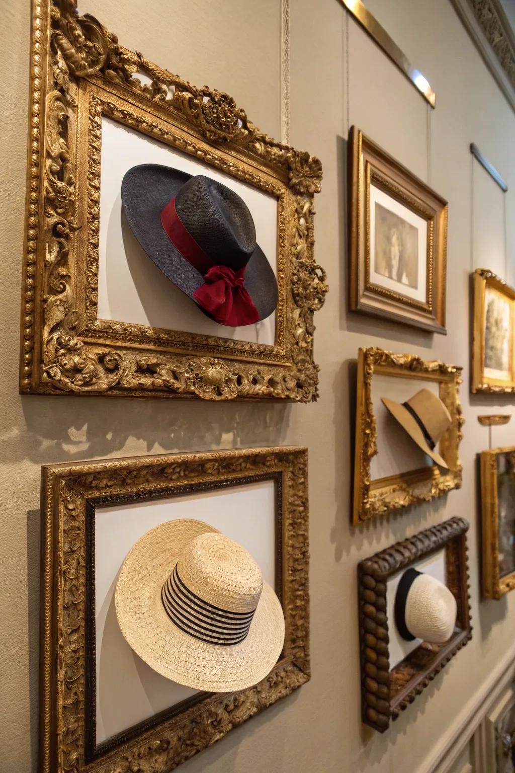 A picture frame transforms your hats into an art display.