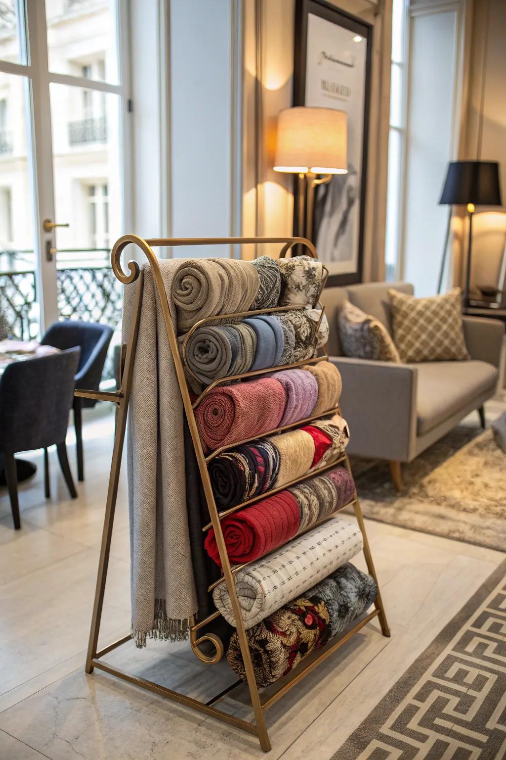 A magazine rack creatively repurposed for scarf storage.