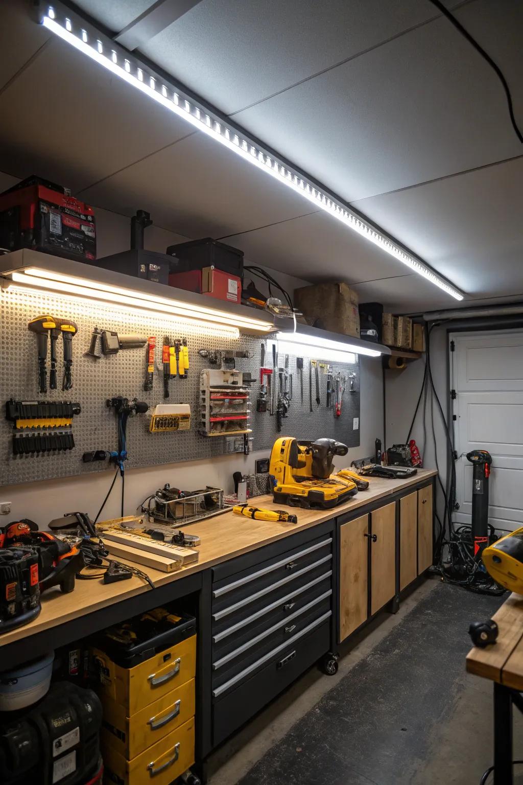 Efficient garage workshop with LED strip lighting