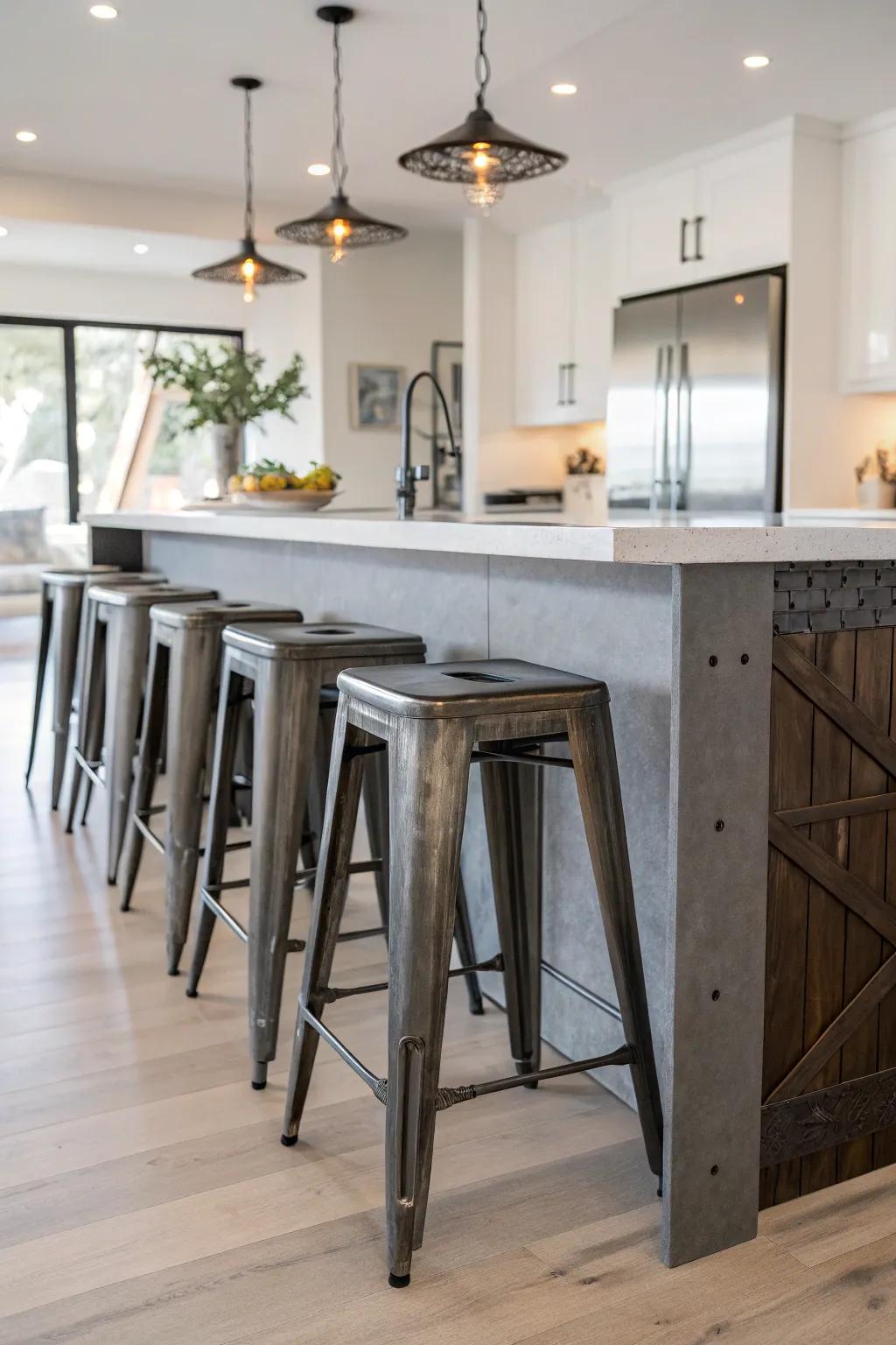 Industrial elements introduce a chic, modern twist to the island.