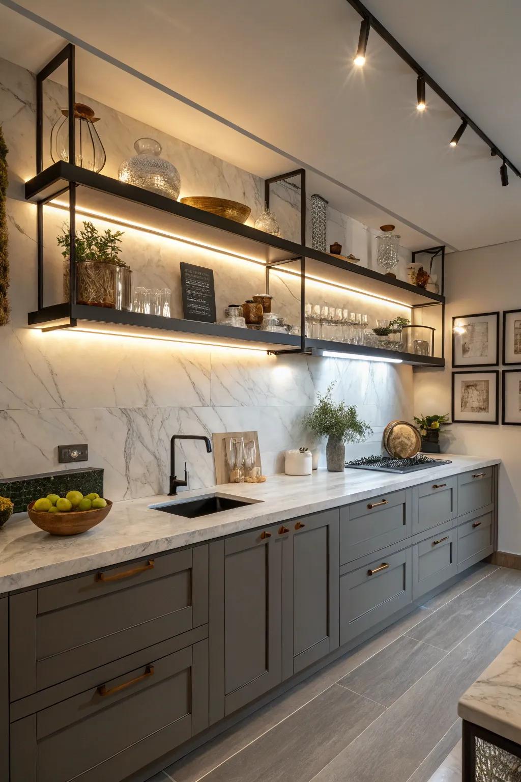 Illumination enhances the beauty of shelves and their contents.