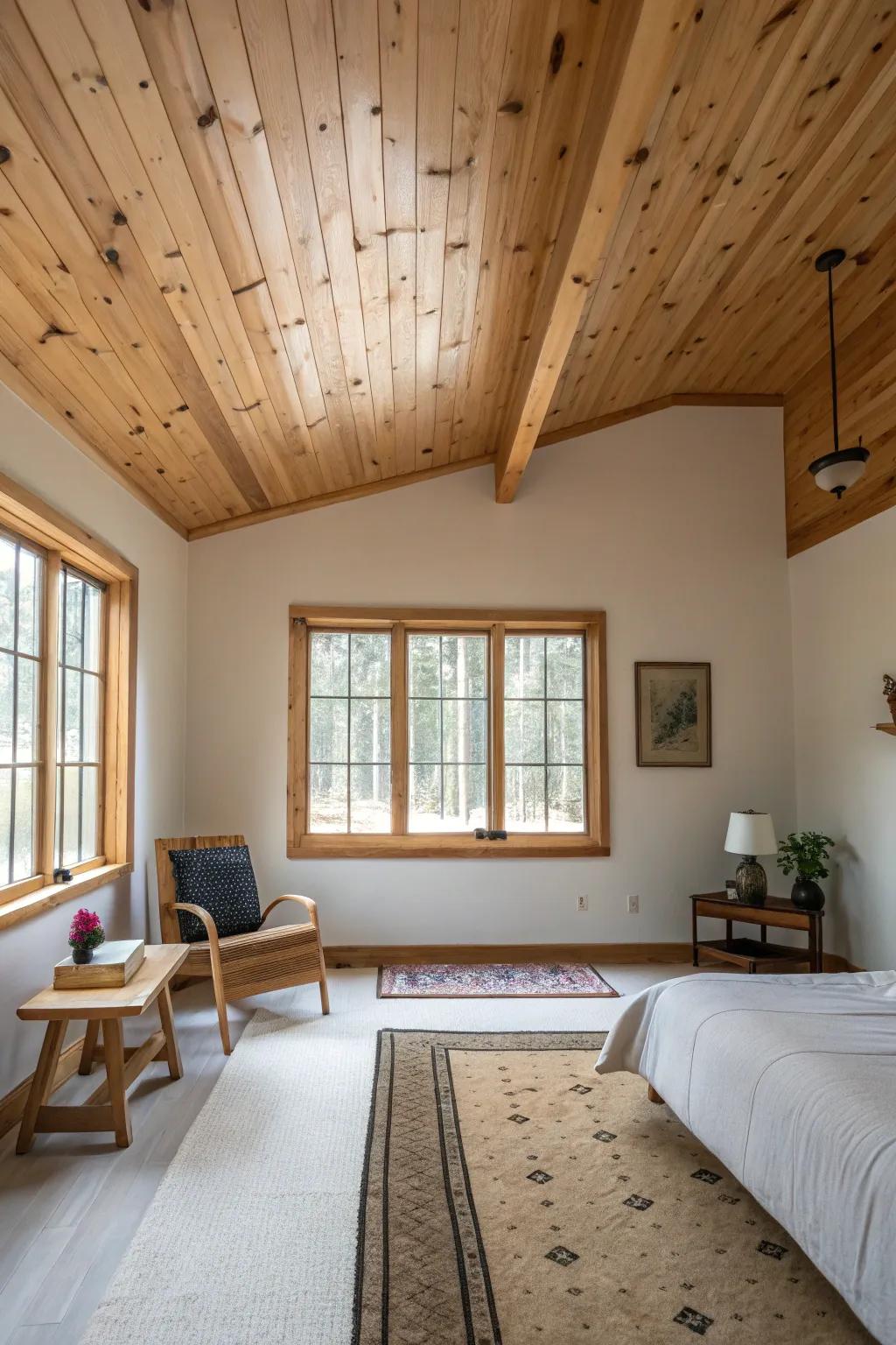 A minimalist room where the knotty pine ceiling is the focal point.