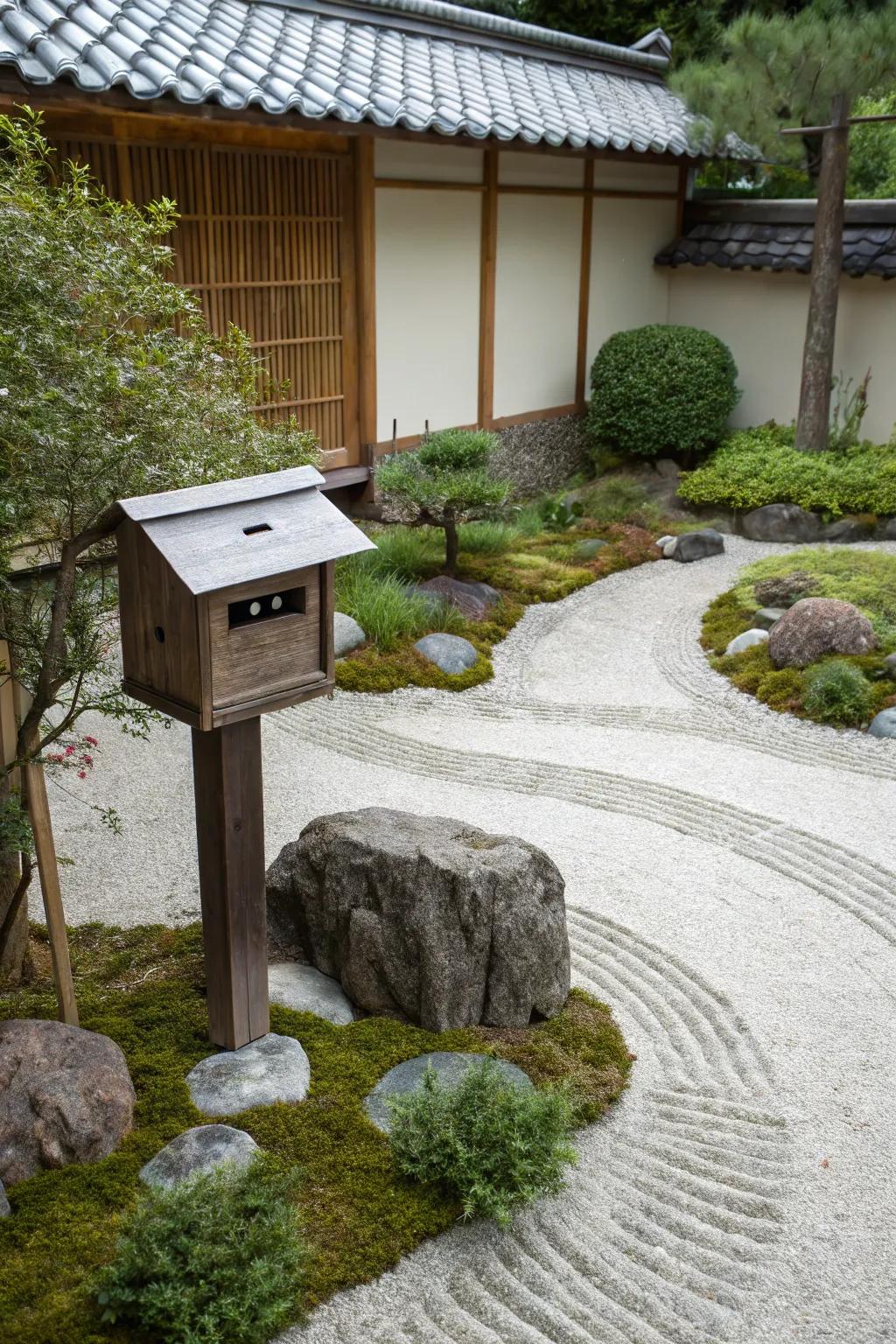 A Zen garden provides tranquility and balance to your mailbox landscape.