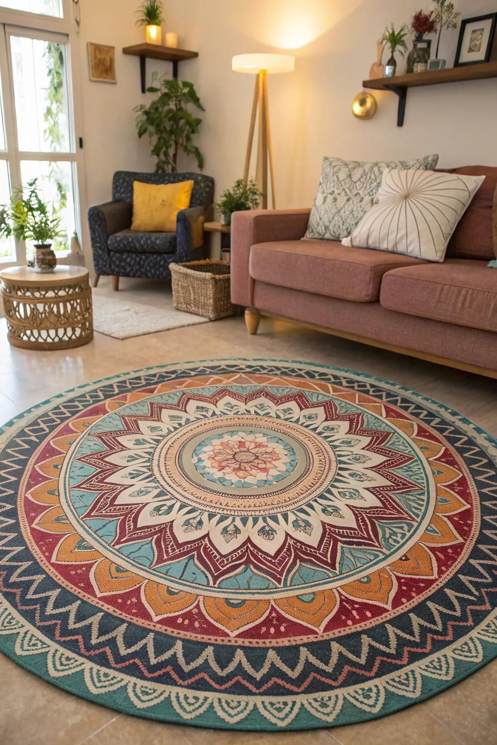 A mandala rug anchoring a living area with intricate patterns.