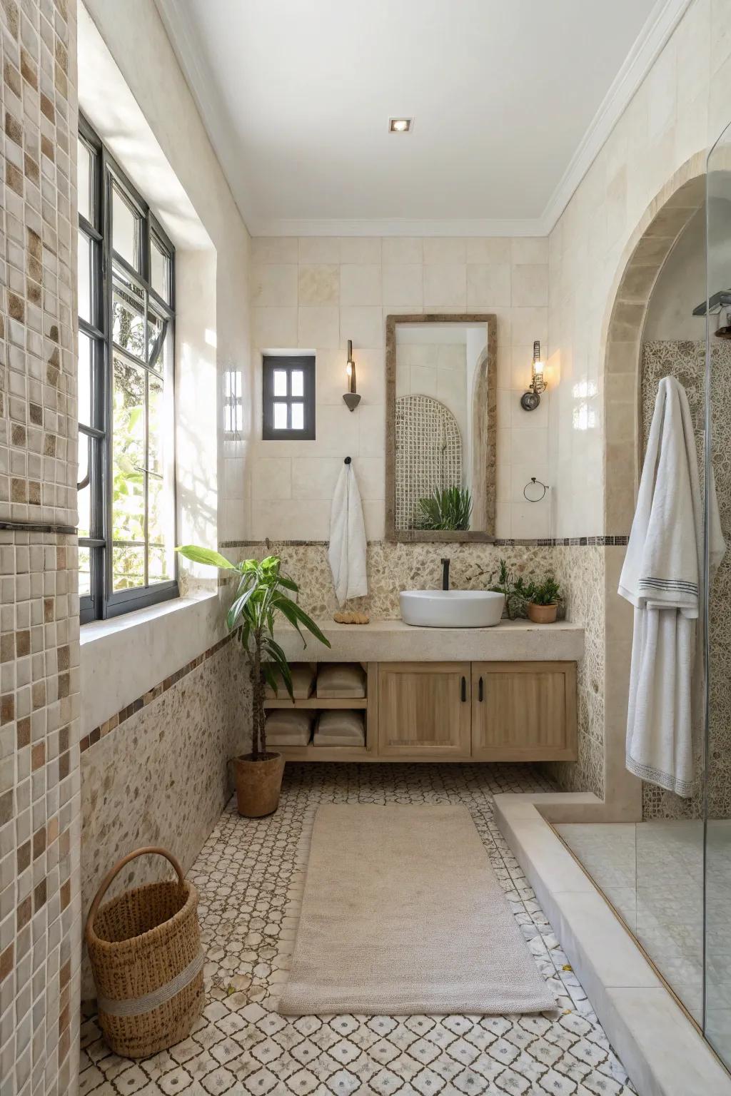 Understated mosaic designs add a unique twist to the bathroom.
