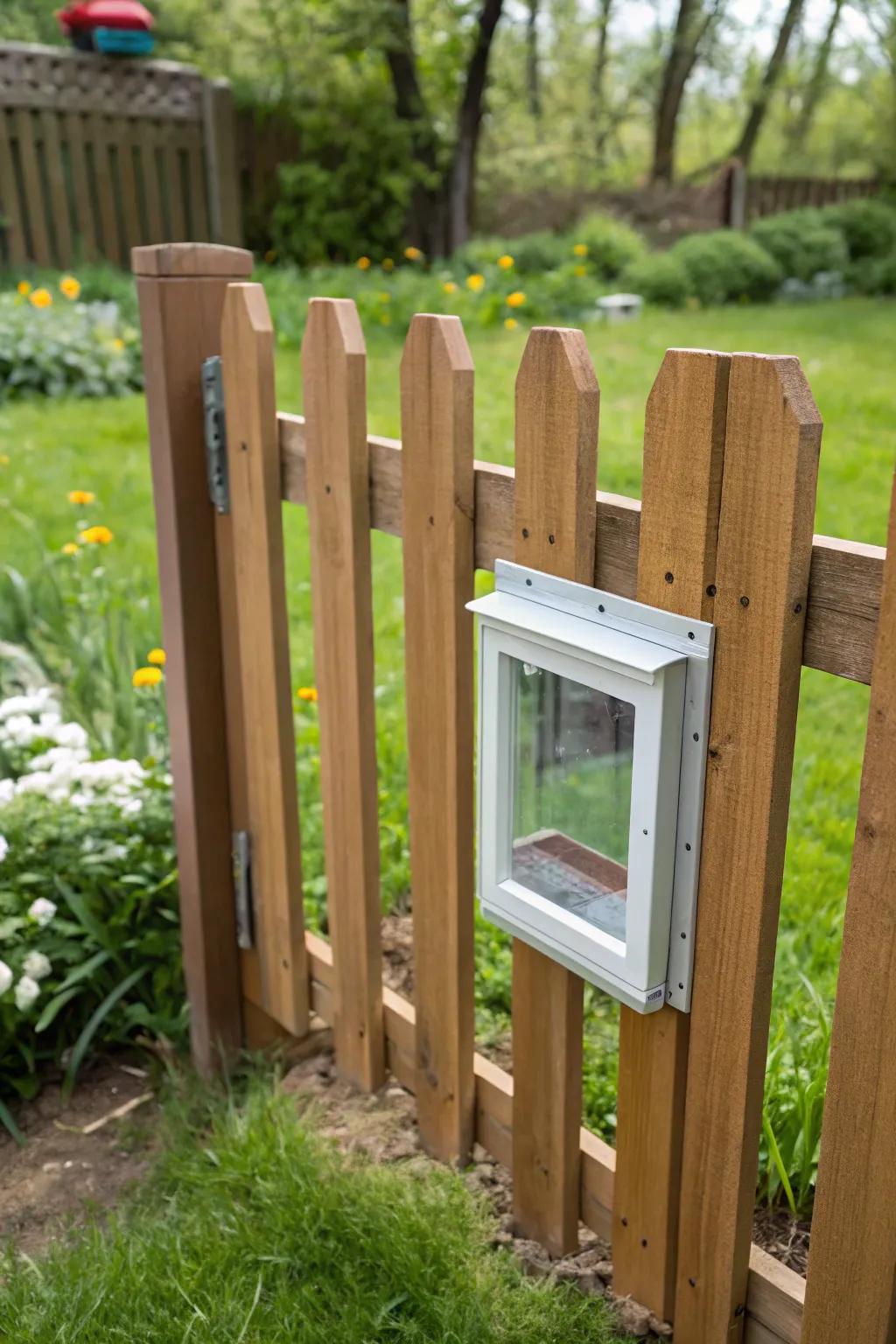 A pet window offers a glimpse beyond the garden for curious pets.