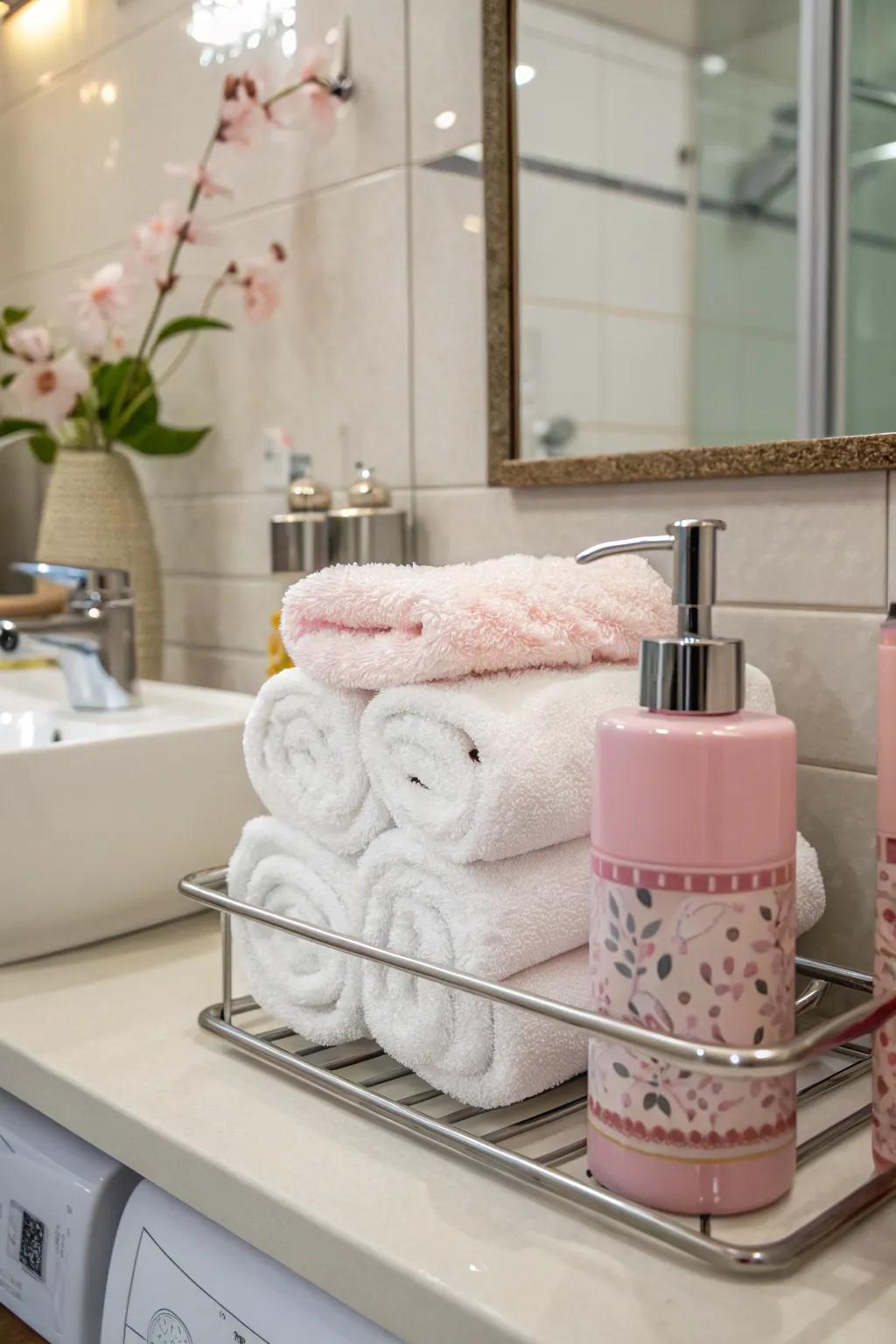 Pink accents bring a festive feel to the bathroom.