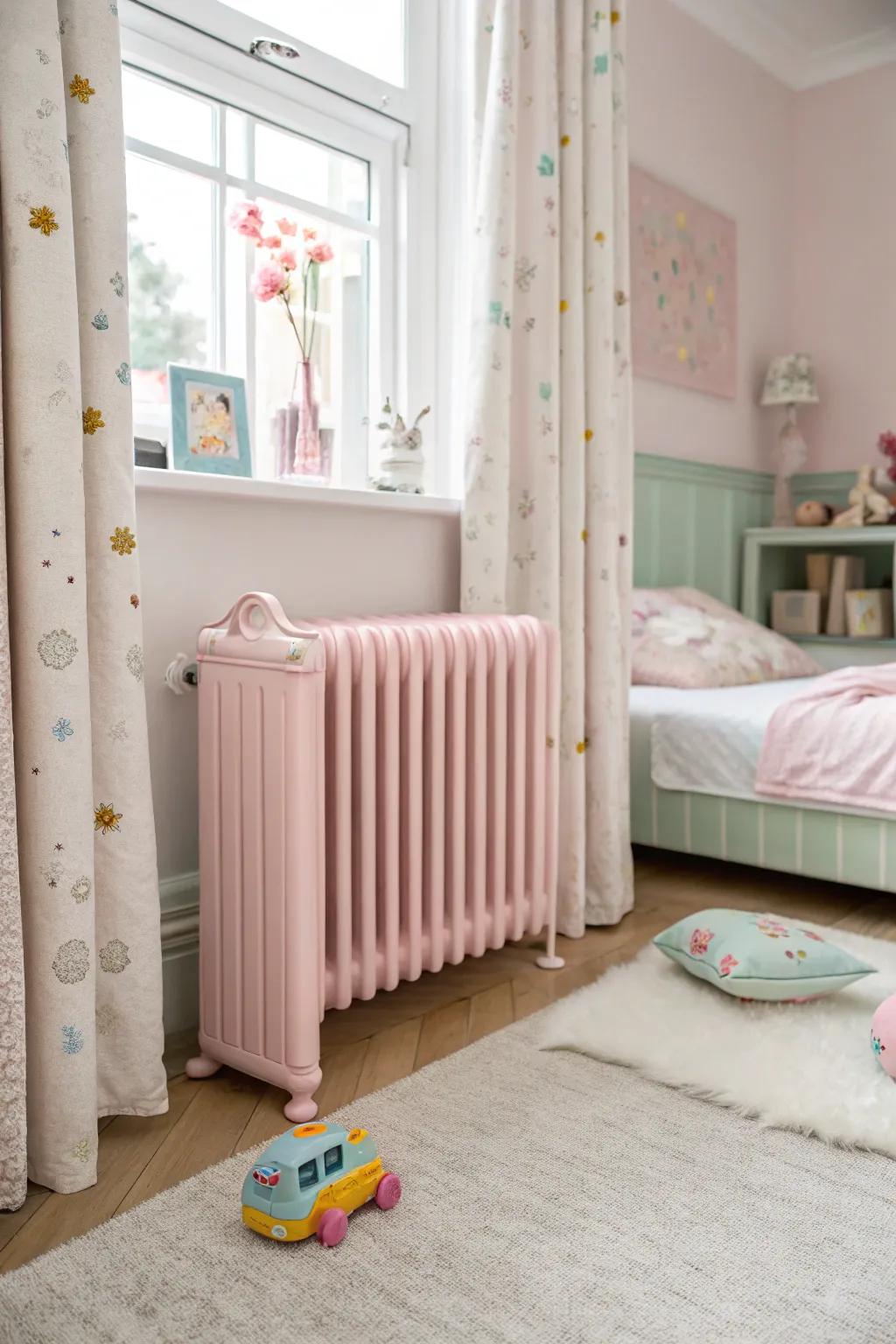 Pastel pink radiators add gentle playfulness.