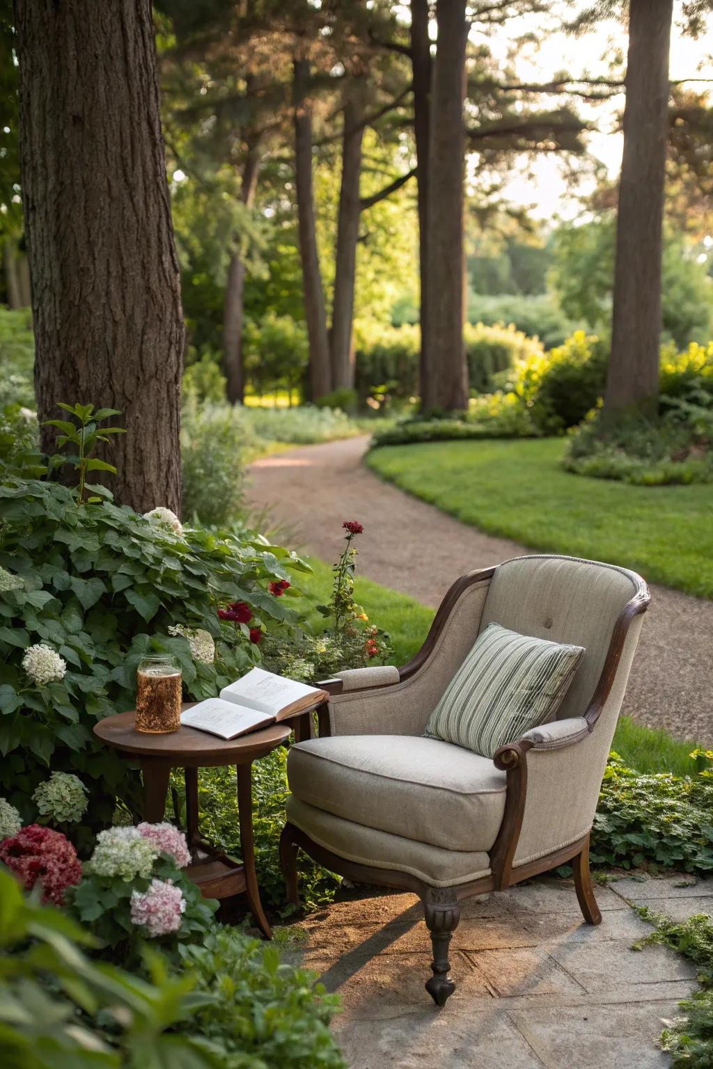 A reading nook offers a peaceful retreat in your garden.