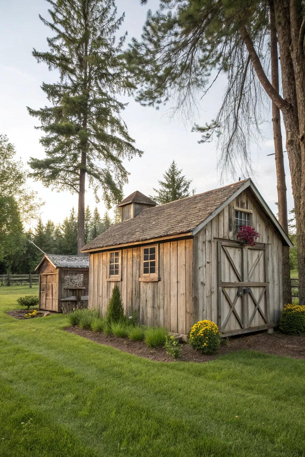 A barn-style shed adding functional charm to the landscape.