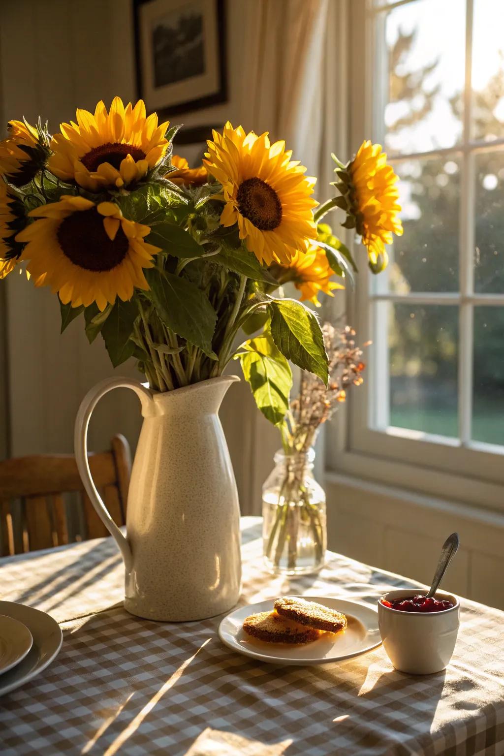 A ceramic pitcher offers a casual charm to sunflower arrangements.