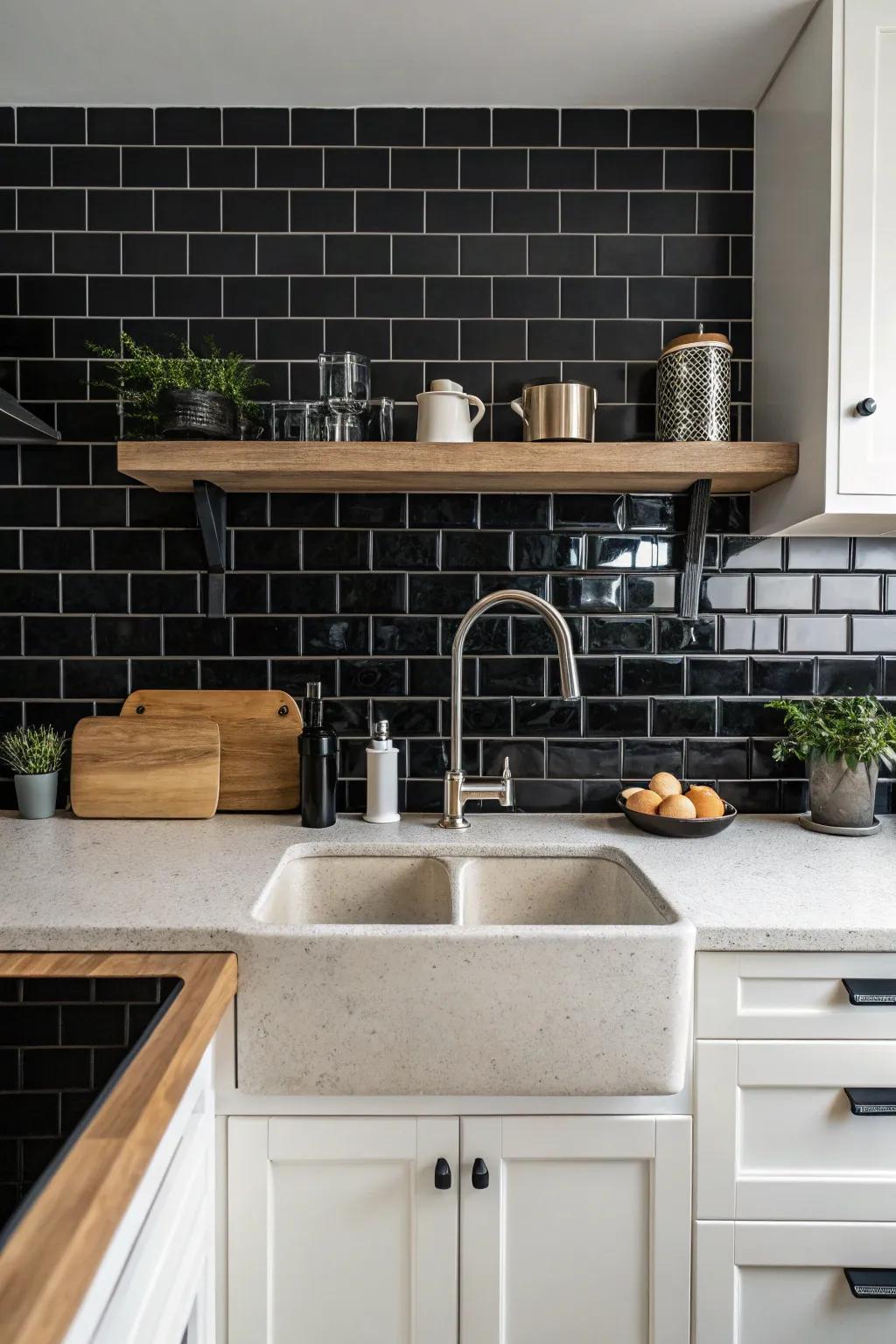 Striking black tiles create a dramatic and intriguing kitchen backdrop.