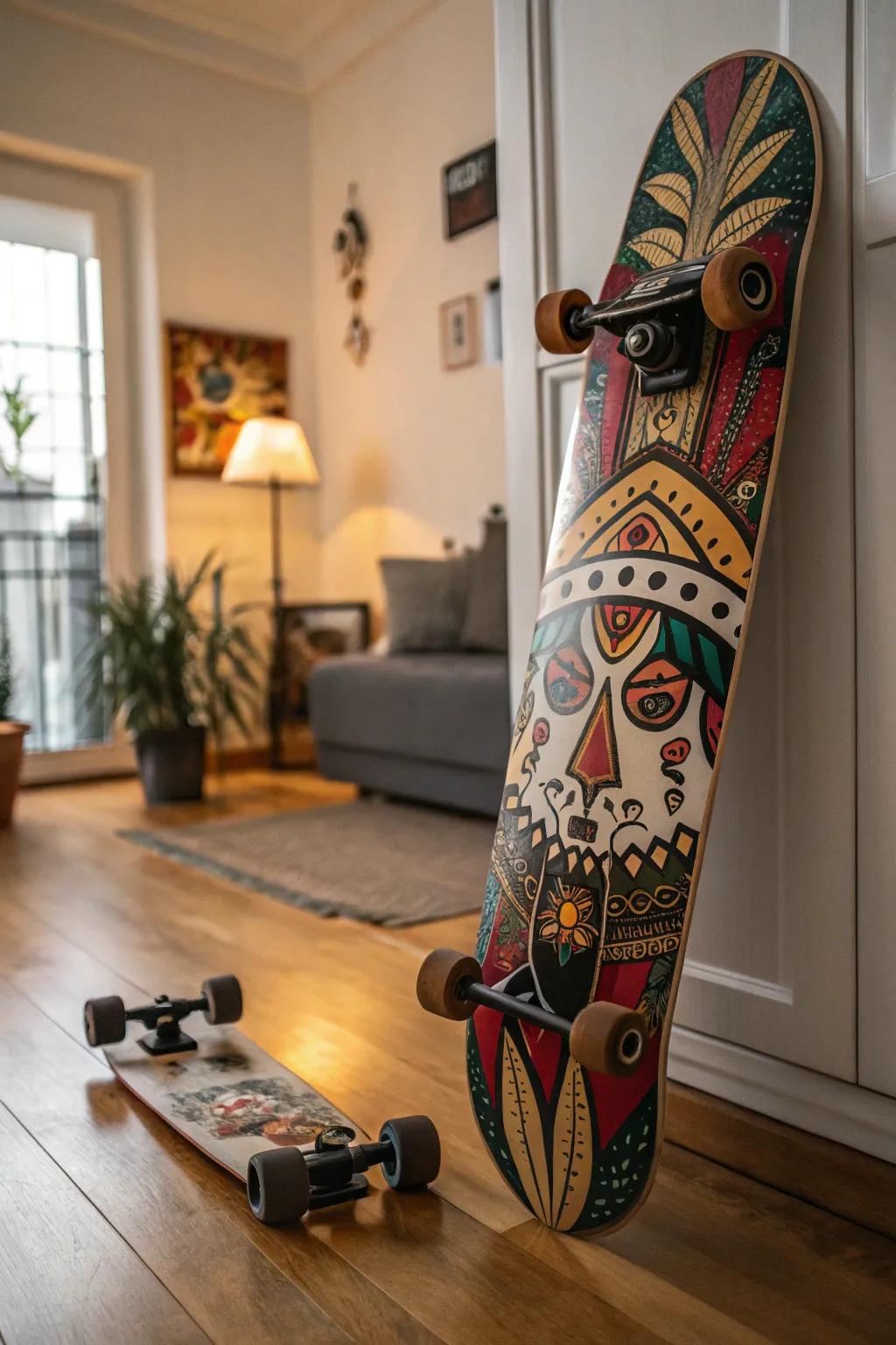 Showcase global influences with cultural skateboard art.