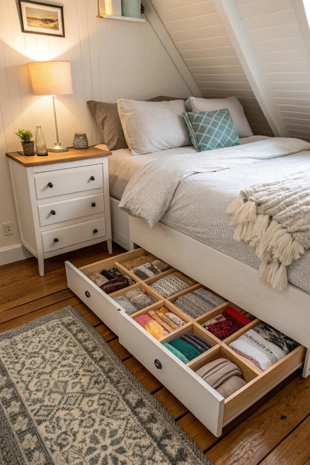 Hidden storage solutions help maintain a tidy Airbnb environment.