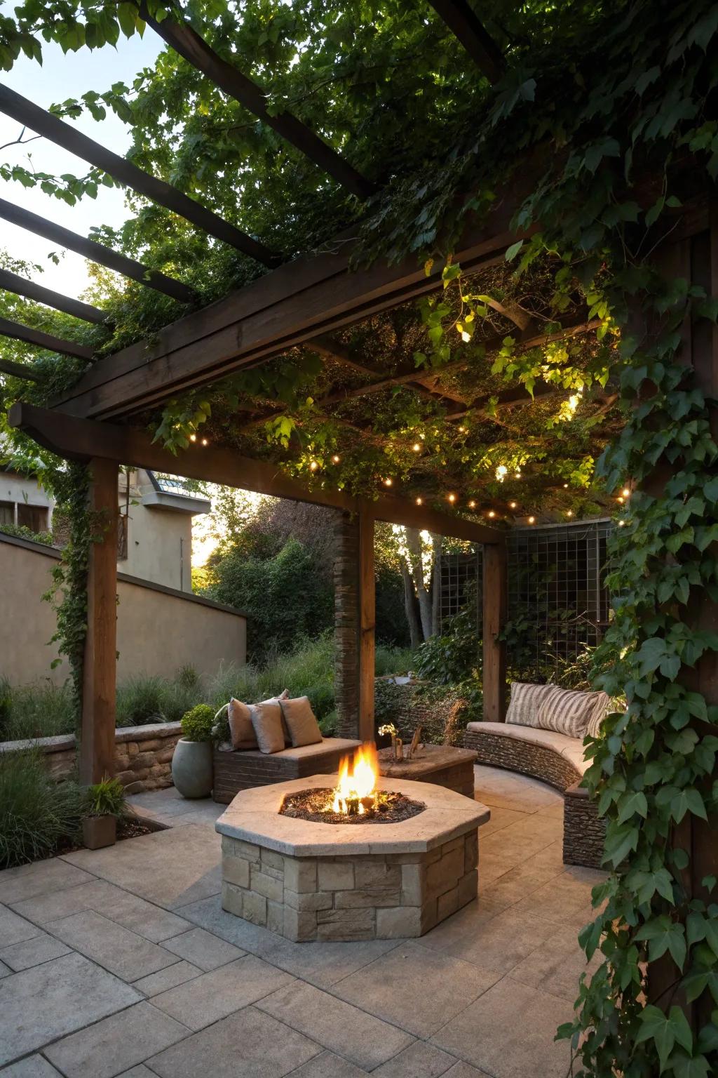A garden structure offers shade and design, enhancing the bonfire area with charm.