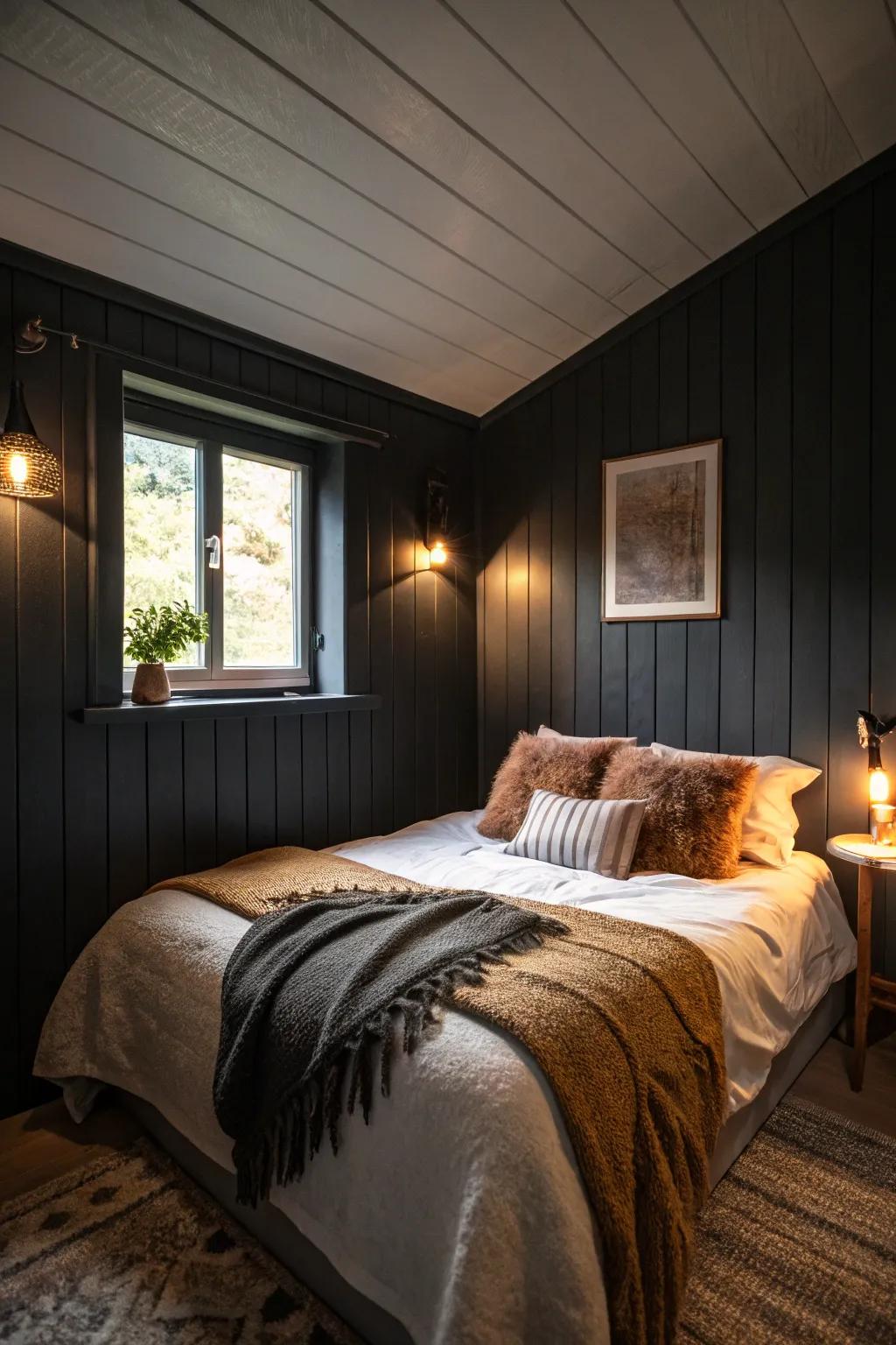 A small bedroom with dark hues for a cocooning, cozy feel.