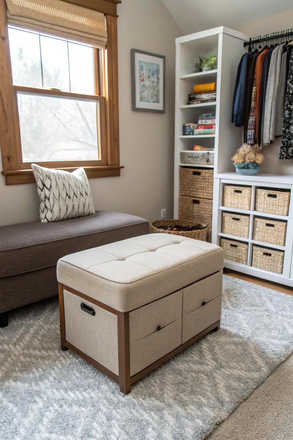 Multi-functional furniture maximizes utility in this compact cigar room.