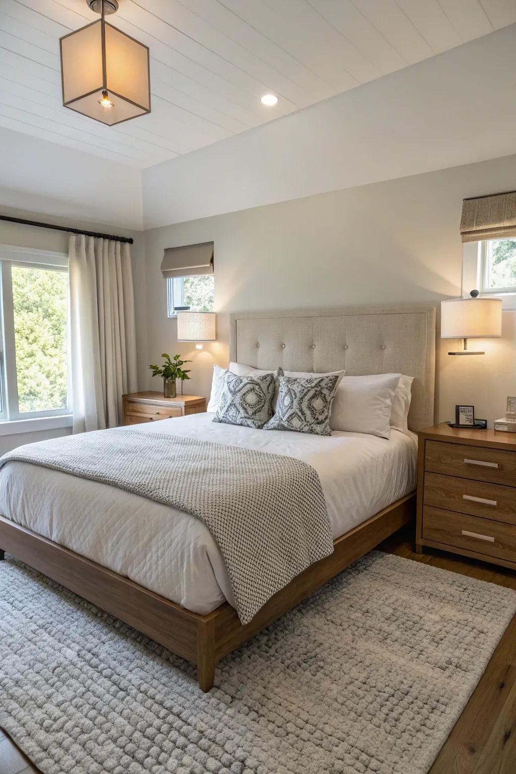 Floating nightstands free up space in a small master bedroom.