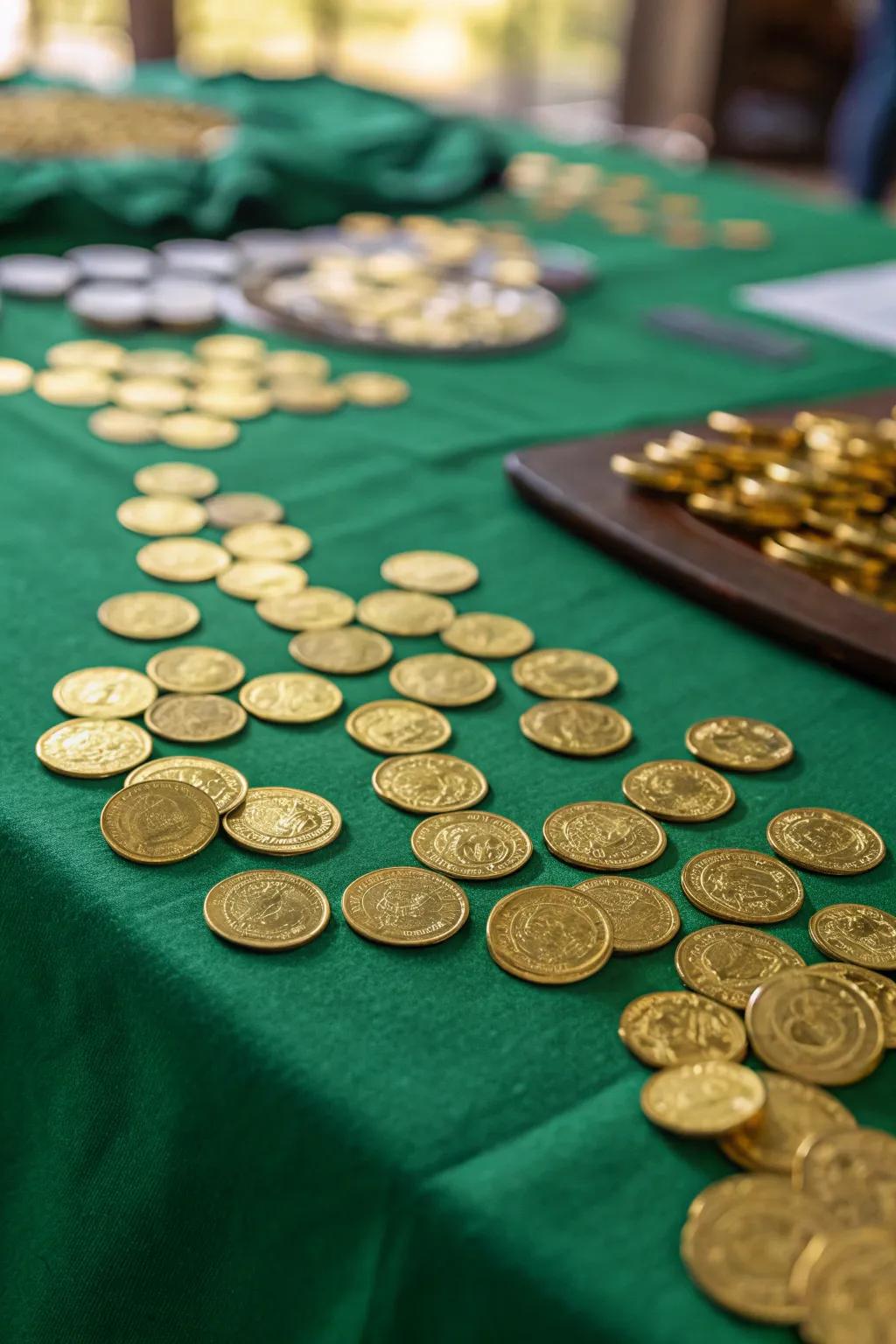 Introduce an element of wonder through a dispersal of gilded currency.