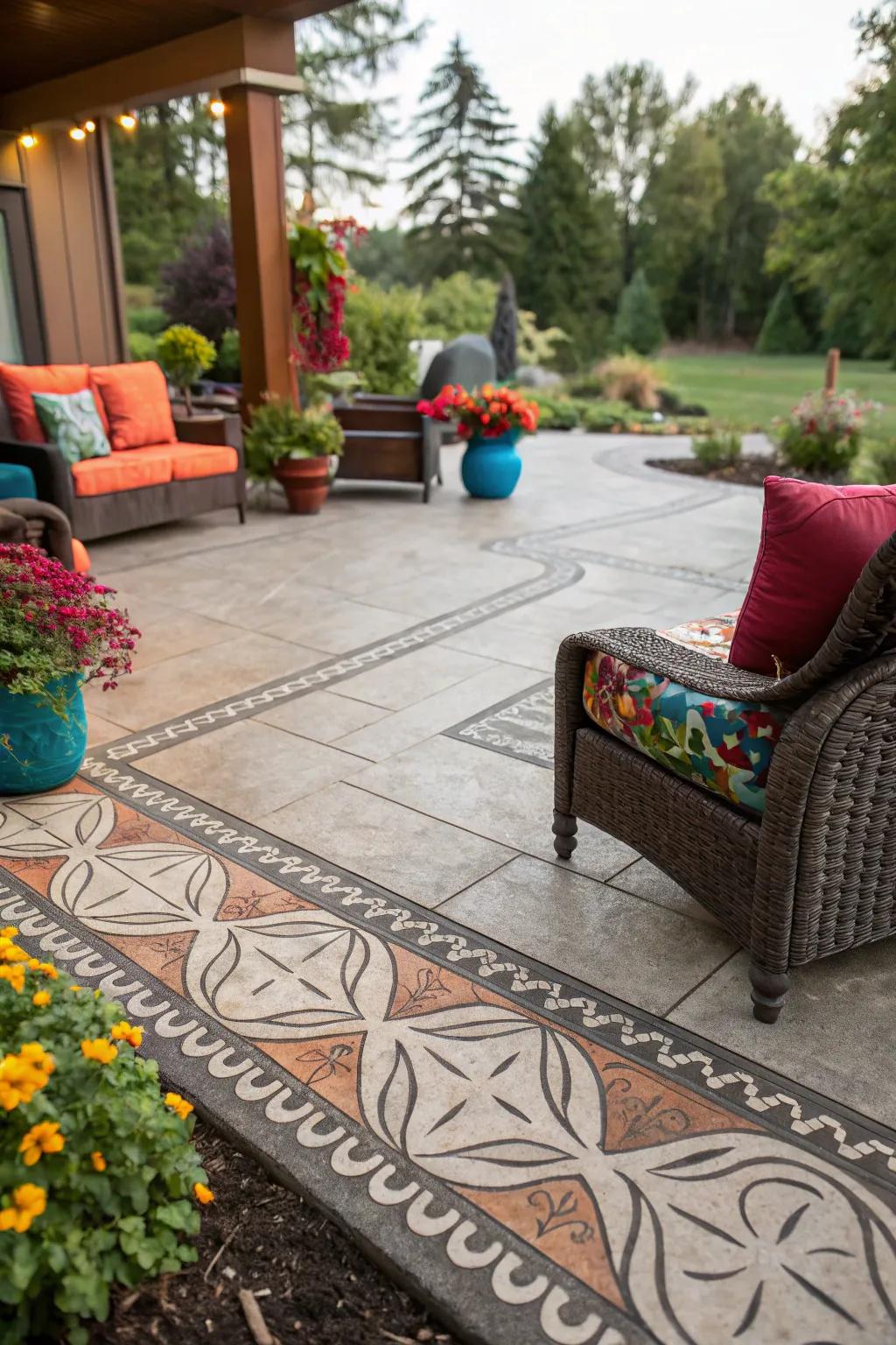 Patio with abstract artistic design stamped concrete border