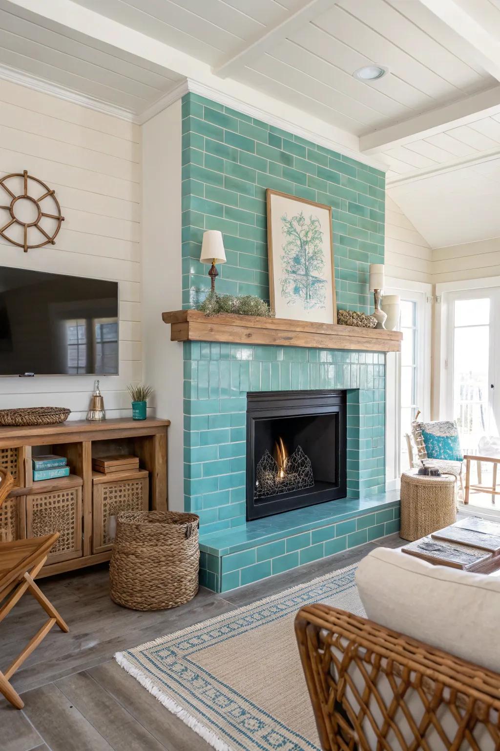 Turquoise subway tiles add a refreshing twist to this coastal living room.