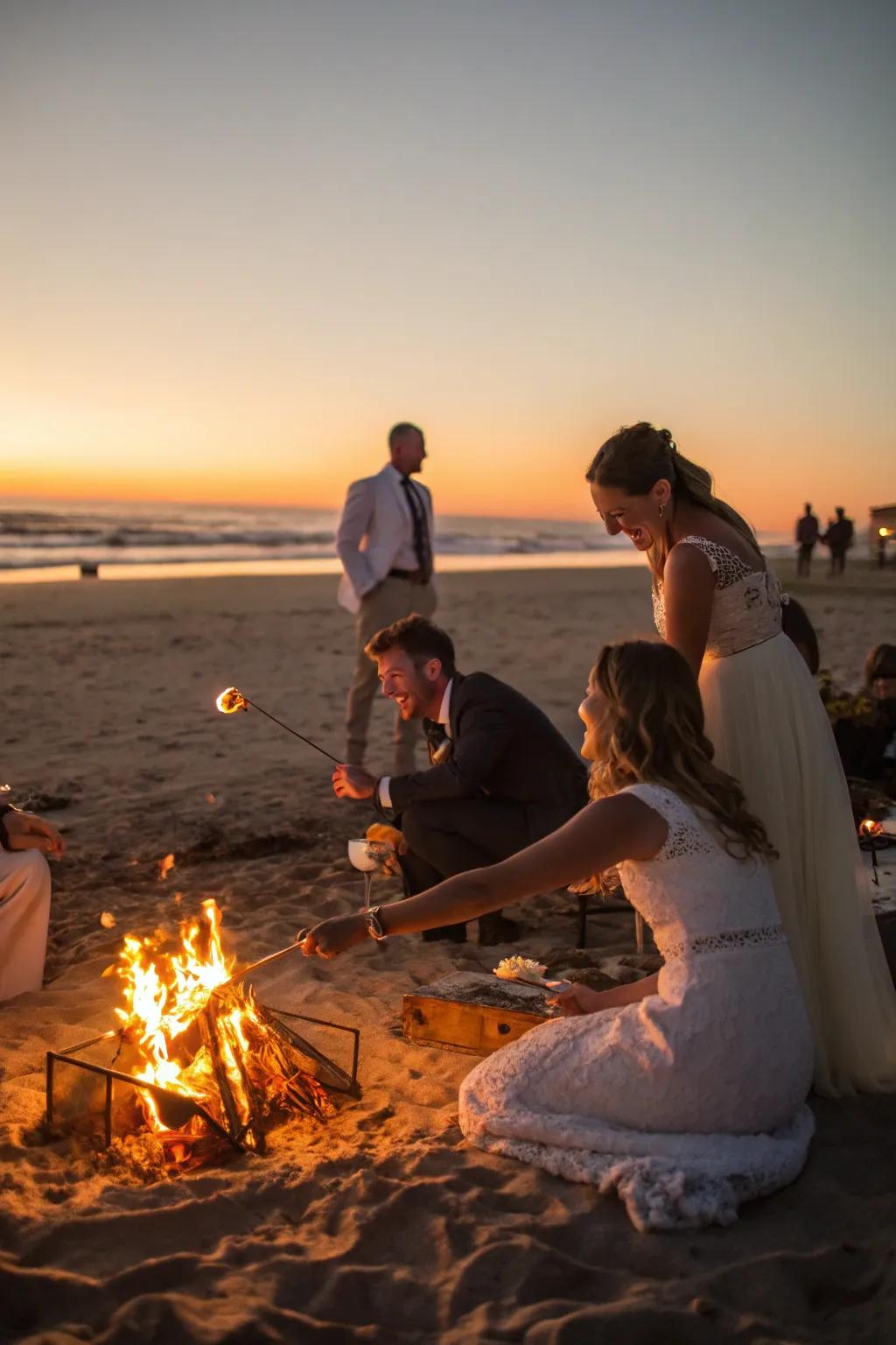 A cozy bonfire with guests enjoying s'mores at sunset.