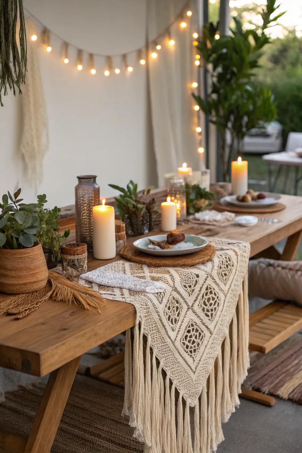 A bohemian table setting with layered textiles and earthy tones.