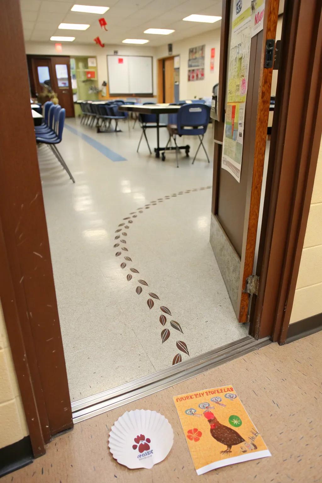 A playful Turkey Tracks door display welcoming students.