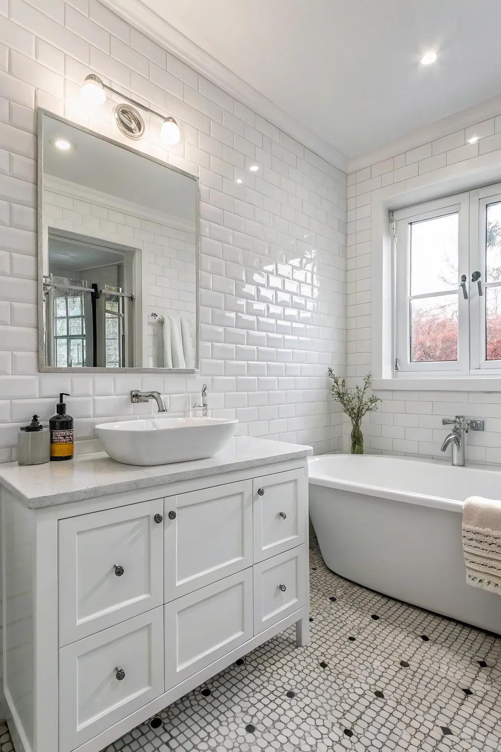 A white bathroom showcasing various hues of white, creating a sophisticated monochrome effect.