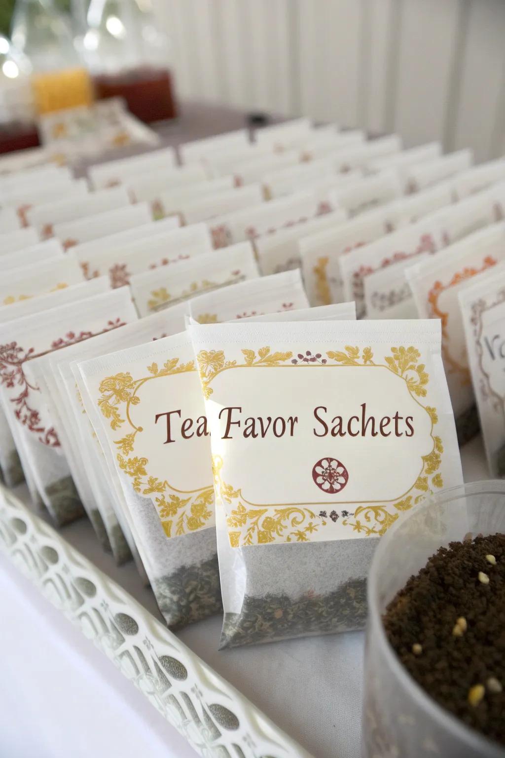 Thoughtful personalized tea treats for attendees to take home.