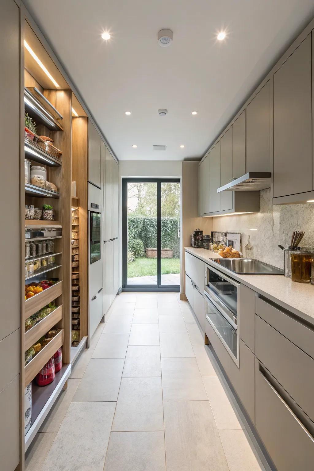 Discreet storage preserving tidiness in a wide galley kitchen.