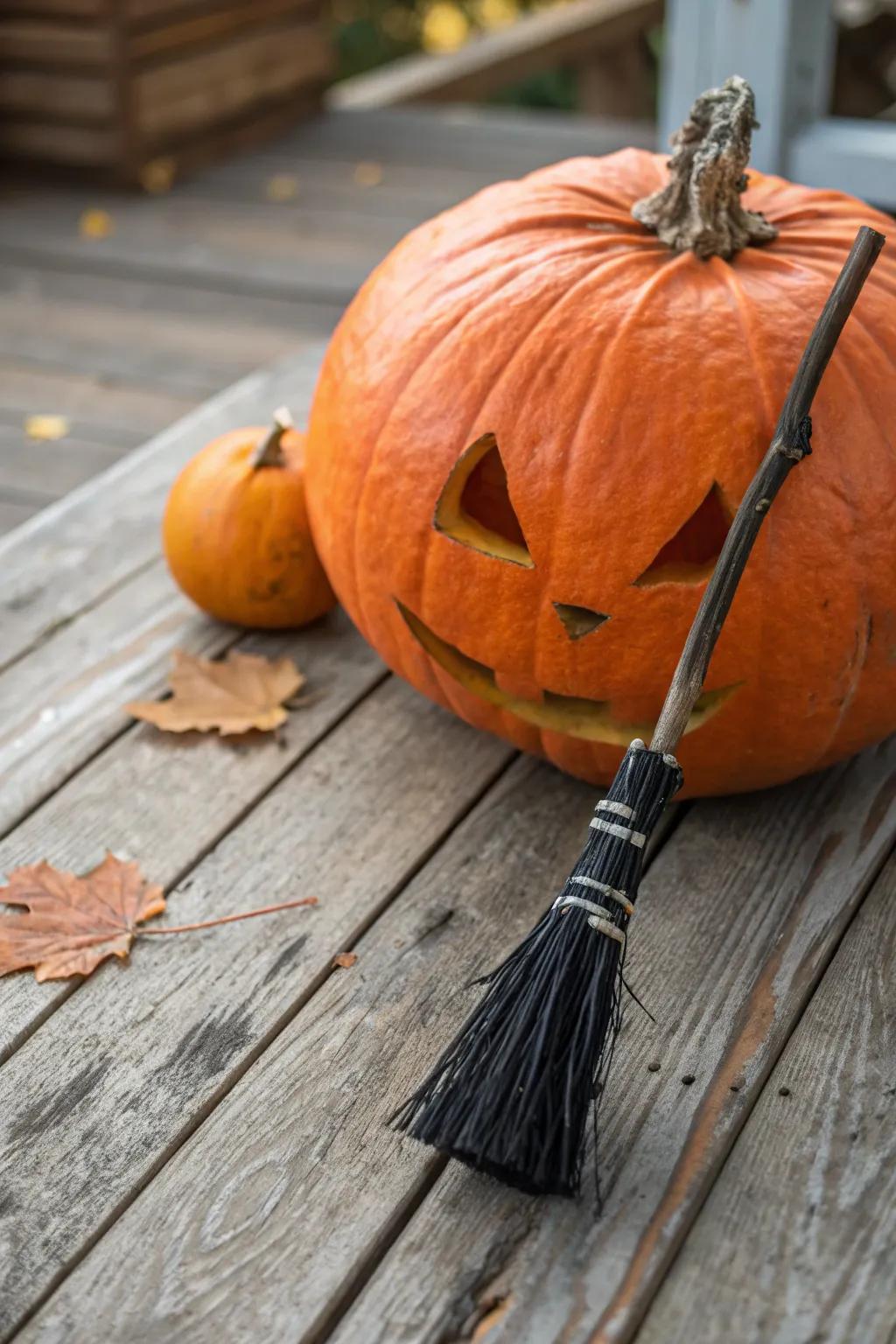 Pumpkin with a charming miniature witch broom.