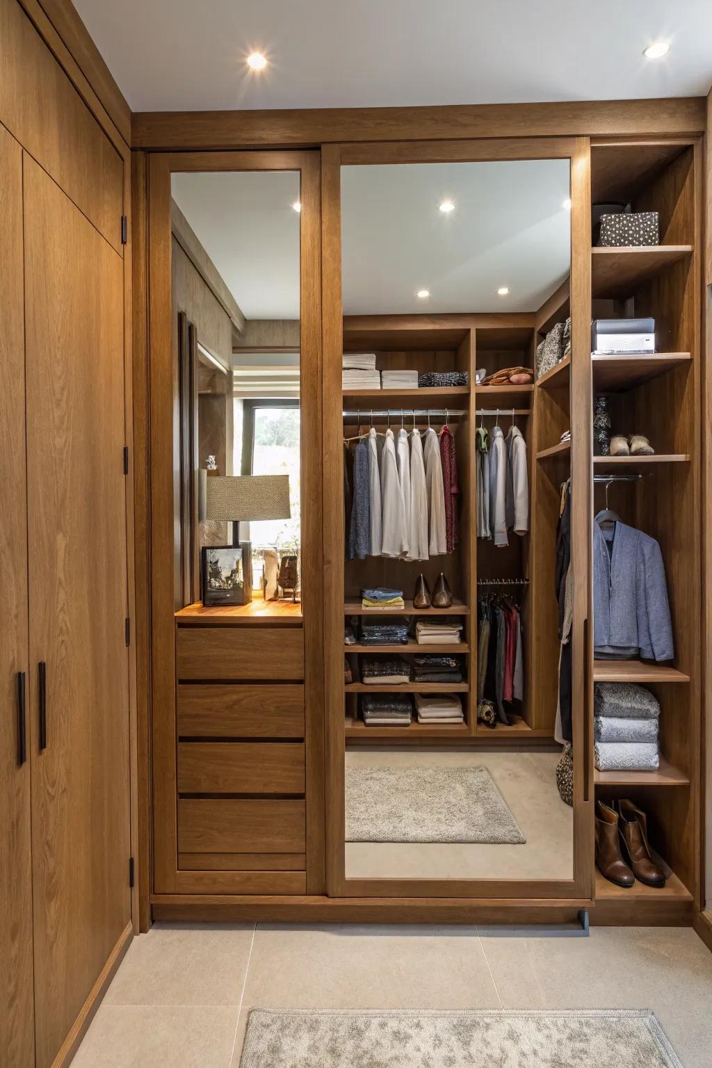 A full-length mirror enhancing the overall closet experience.