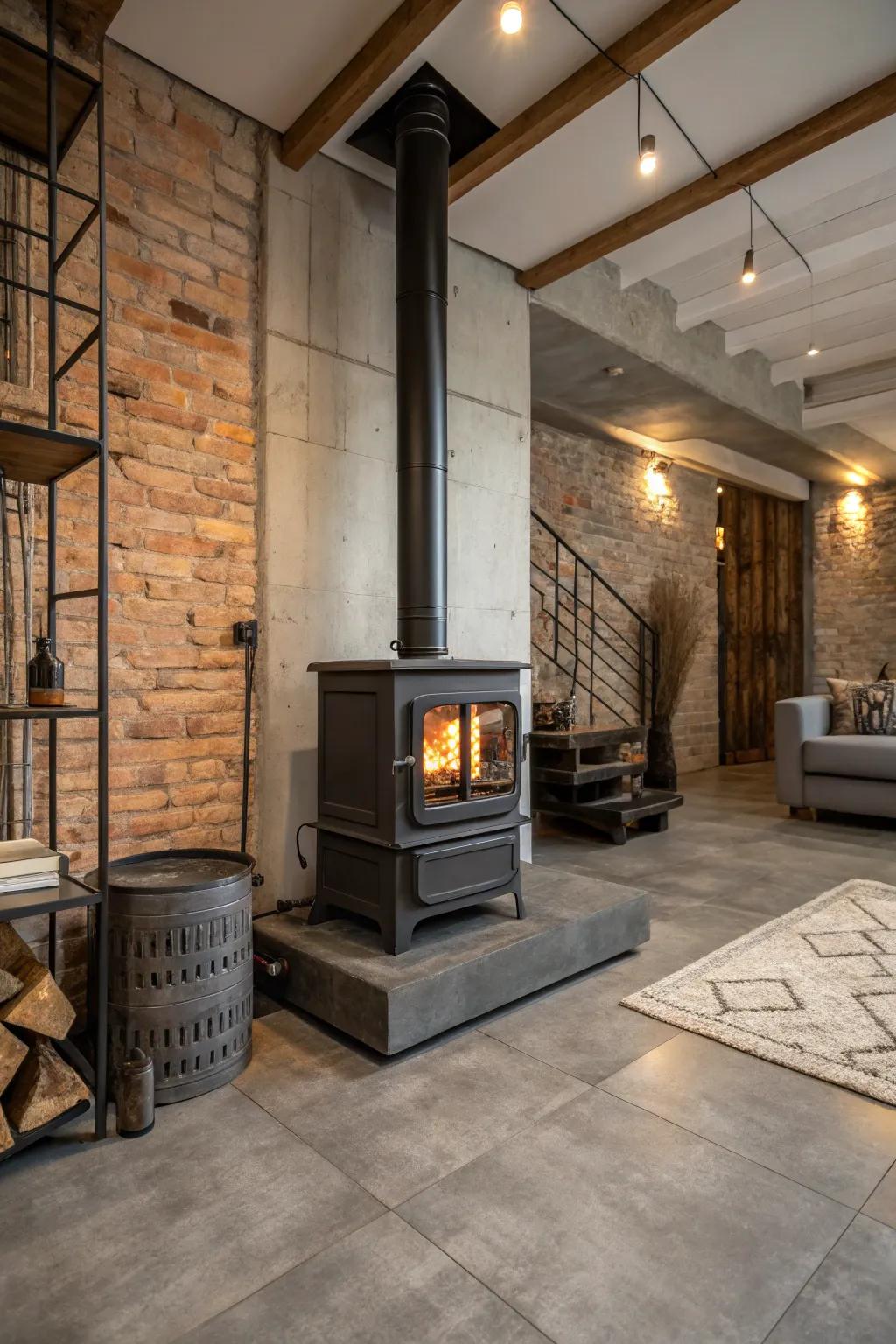 Industrial-style tiles include a raw and edgy appearance to your wood heater surround.