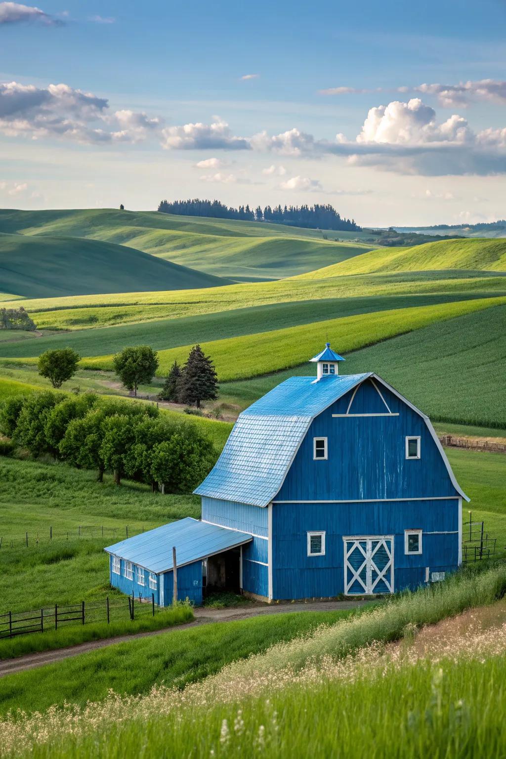 A unique blue-on-blue barn that stands out with its modern yet classic charm.